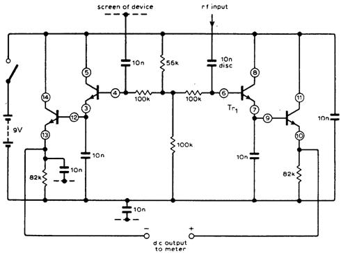 Схема ВЧ-пробника, показывающего пиковые значения напряжения на вольтметре постоянного тока Схема ВЧ-пробника, показывающего пиковые значения напряжения на вольтметре постоянного тока